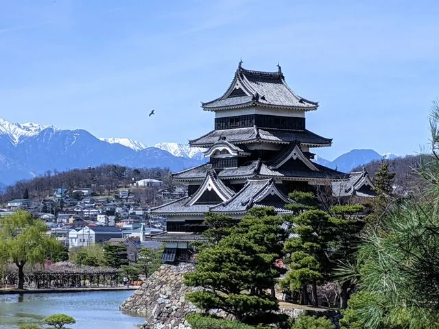 Scenic view of Matsumoto Castle with snow-capped mountains in the background