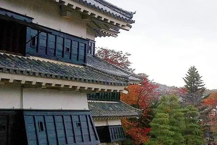Gros plan sur les toits à plusieurs niveaux du château de Matsumoto